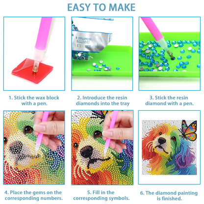 geesfayan 4 Pack Diamond Art Kit for Kids 6 Inch DIY Animal Gem Art with 4 Tools Sets, Gem Painting for Beginners, Creative Craft Gift for Teens & Kids（cat Dog）