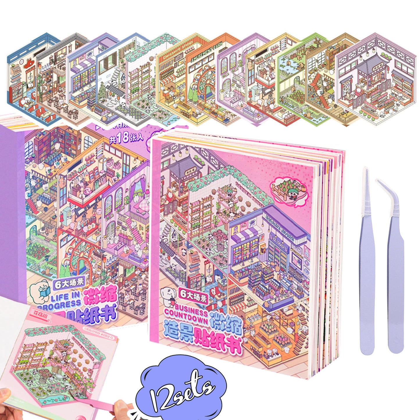 3D Sticker Scene Book Sticker Therapy for Adults Kids Teens 2 Books with 12 Sets of DIY 3D Room Miniature Scene Stickers Featuring Various Themes