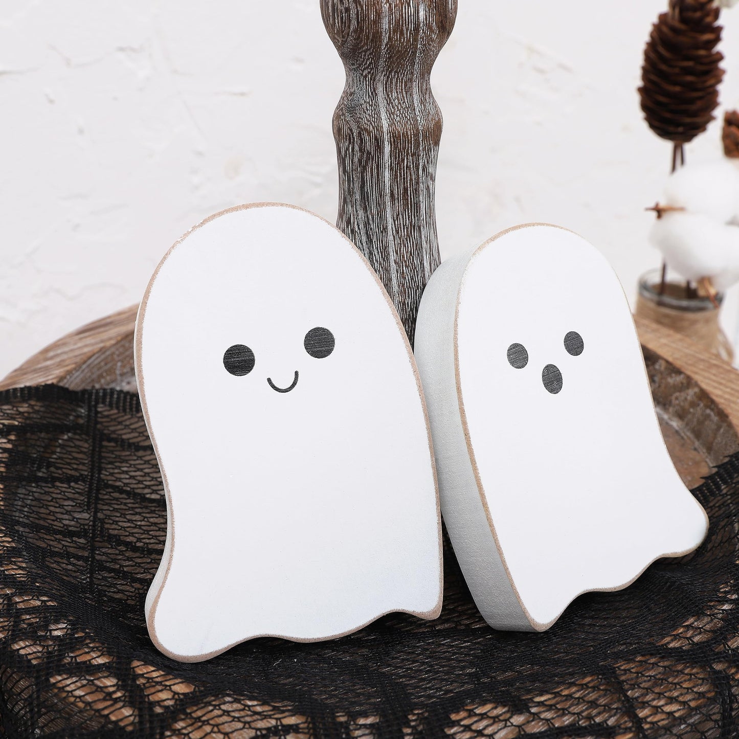 2 Pieces Halloween Decorations Wood Halloween Ghost Sign - Halloween Tiered Tray Decor, Distressed Wood Standing Ghost Sign for Halloween Party, Halloween Table Decor