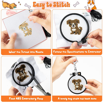 WATINC 10Pcs Embroidery Kit for Kids Stamped Cross Stitch, DIY Key Chain with Puppy Patterns Needlepoint Starter Kits, Craft Supplies for Beginners Children Adults Schoolbag Charms Ornaments