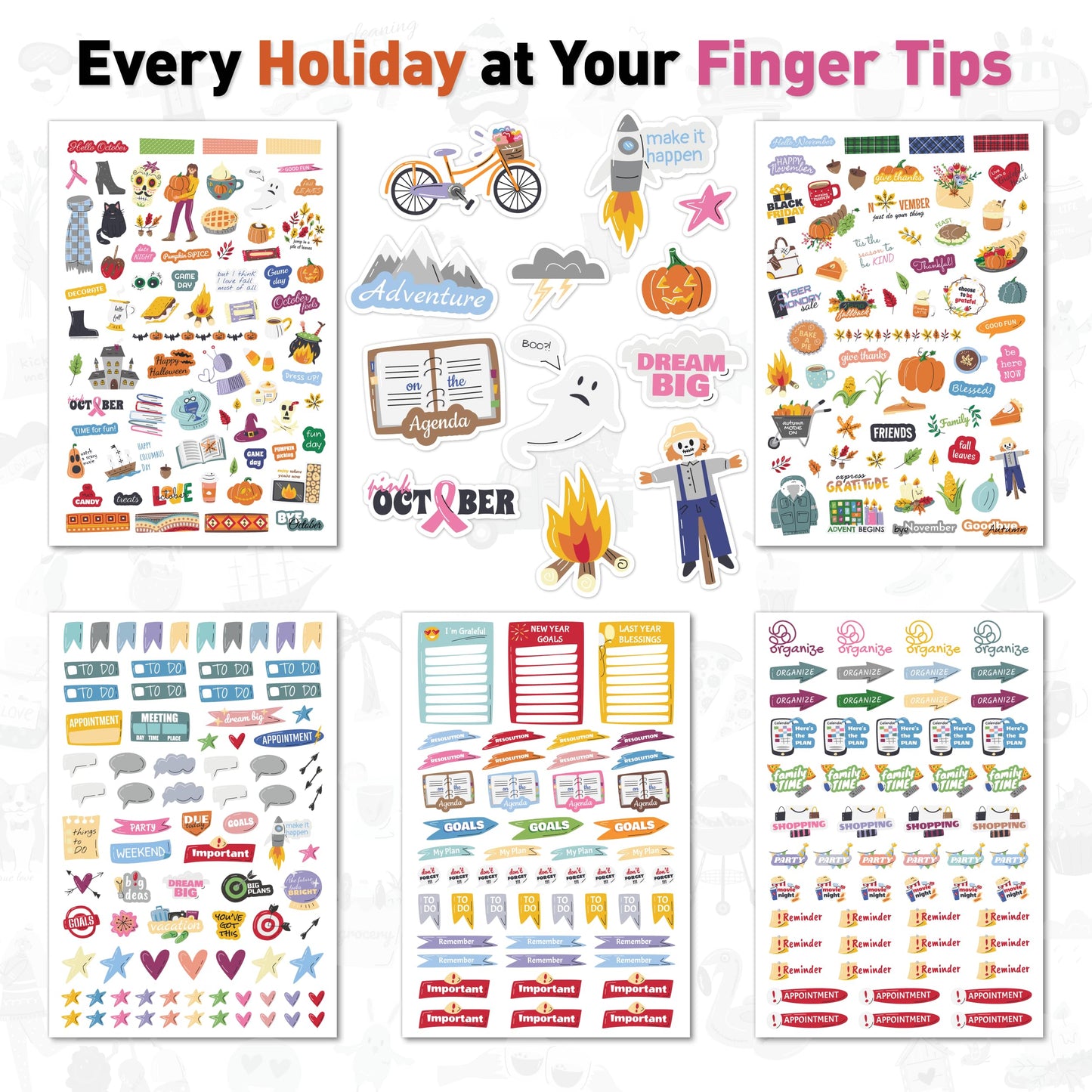 Holiday Seasonal Planner Sticker - Daily, Weekly & Monthly Calendar Stickers for Women, Men, Kids, Teachers & Students - Over 1300 Unique Hand-Drawn Stickers on 20 Sheets Per Pack!