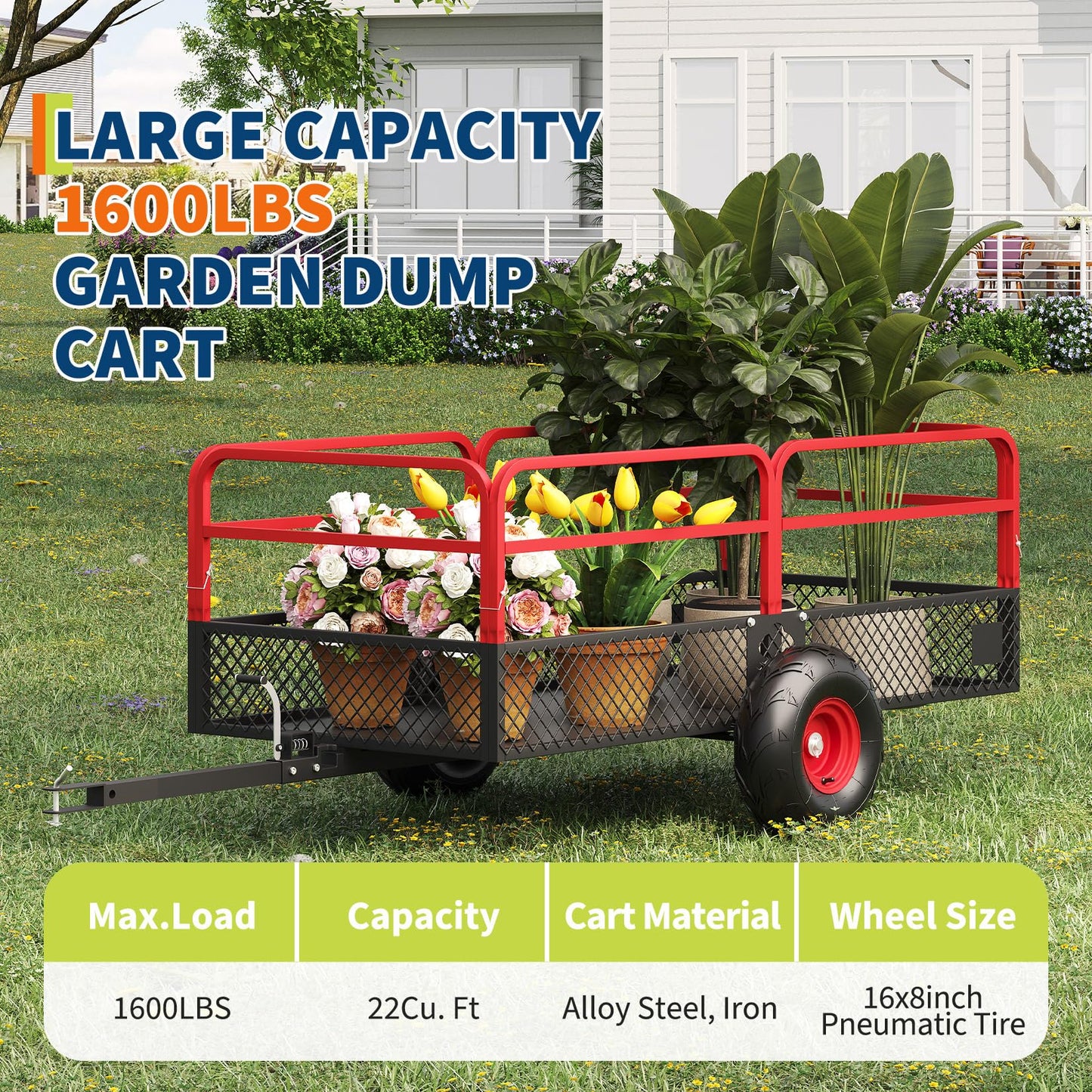 PeakPursuit Tow Behind Steel Dump Cart, Heavy Duty Yard Garden Trailer with Removable Sides & All Terrain Tires, Fits Lawn Mower, Tractor, Garden Cart, 1600 lbs 22 Cubic Feet, Red