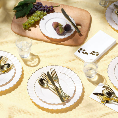 By Madee PREMIUM 60 Pc Ivory Scalloped Plastic Plates with Gold Trim – 30 Dinner & 30 Dessert Nice Plastic Plates for Party – Disposable & Elegant for Wedding, Showers, Special Moments (30 Guests)