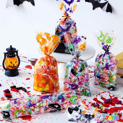 JOYIN 150 PCS Halloween Cellophane Candy Bags, Clear Treat Bags with Twist Ties, Halloween Trick or Treating Goodie Bag, Non Candy Cookie Bag Bulk for Kids Classroom Party Favors Supplies in 6 Design
