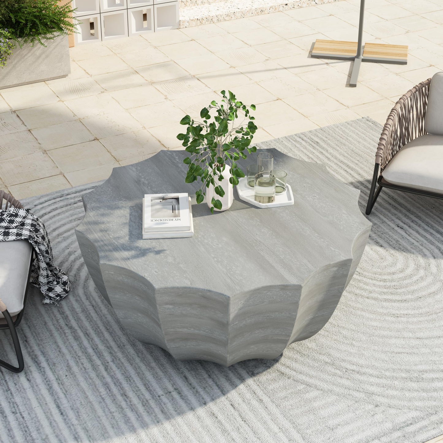 GDFStudio 35.43" Modern Indoor Outdoor Coffee Table, Waterproof Cement Round Table, MgO Concrete Circle Side Table, Creative Small Table for Patio Backyard Living Room, Fully Assembled, Marble+White