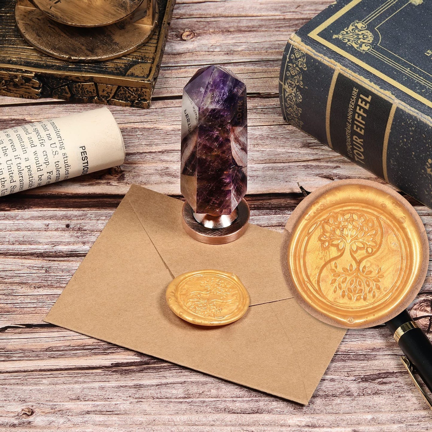 Cheungshing Amethyst Crystal Hexagon Prism Wax Seal Stamp, Detachable Vintage Copper Seals for Invitation Cards for Christmas Halloween Thanksgiving Gift, Twin Symbiotic Tree of Life Pattern