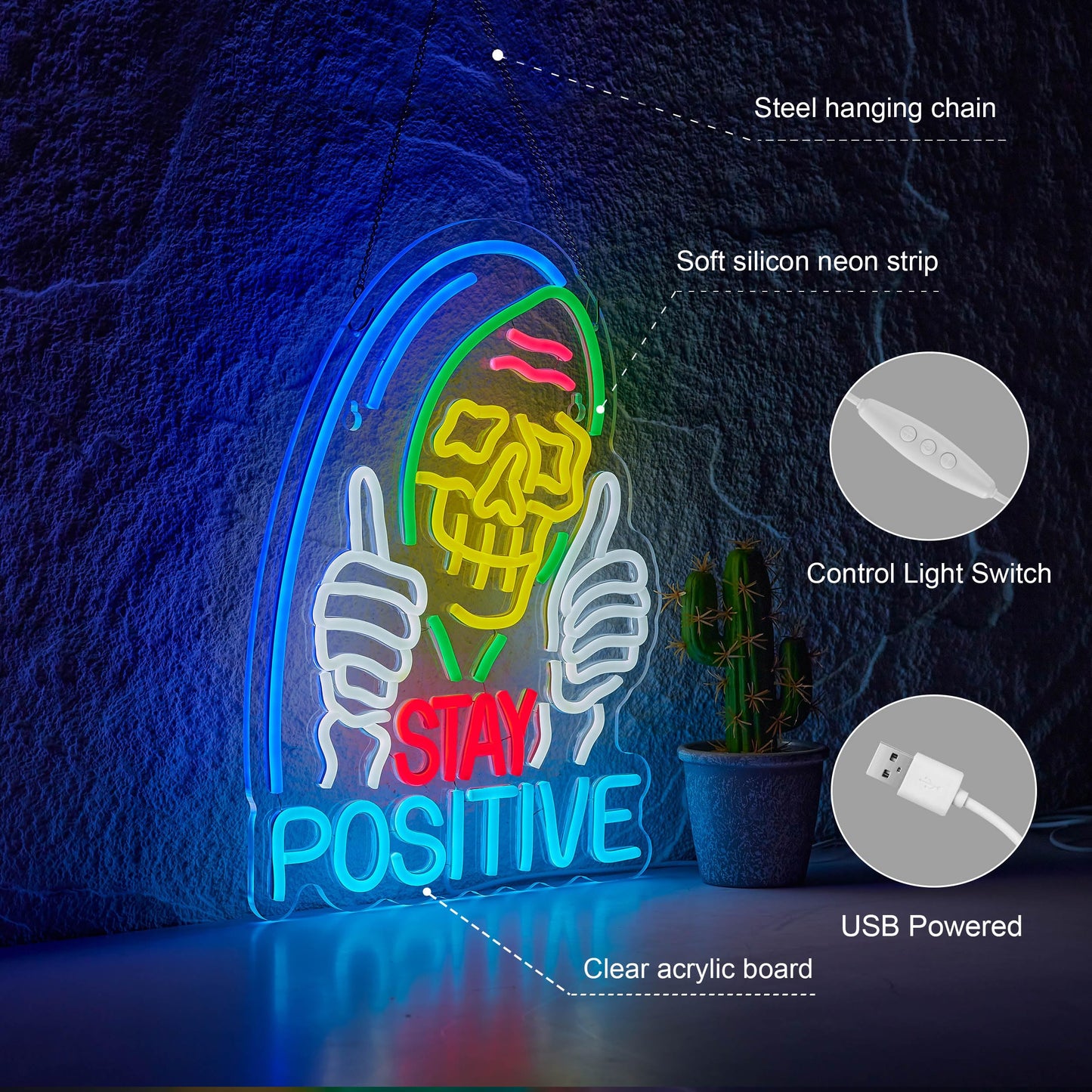 Stay Positive Skull Neon Sign for Wall Décor Dimmable USB LED Neon Light for Home Living Room Bedroom Halloween Decor Gifts