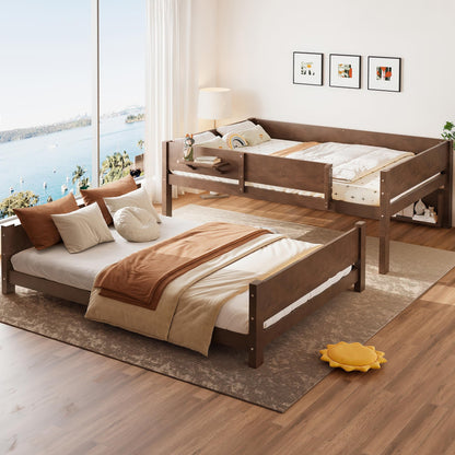 KEIKI Queen Over Queen Size Wooden Bunk Bed Frame with Convenient Tray & Built-in Storage Shelves, Detachable Bunk Bed with Solid Slats, No Box Spring Required, Easy Assembly, for Bedroom, Brown