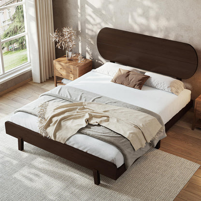 KEIKI Queen Size Bamboo Platform Bed with Round Shape Headboard, Mid-Century Modern Floating Bed Frame with Solid Support Slats, No Box Spring Needed, Easy Assembly, Noise Free, for Bedroom, Espresso
