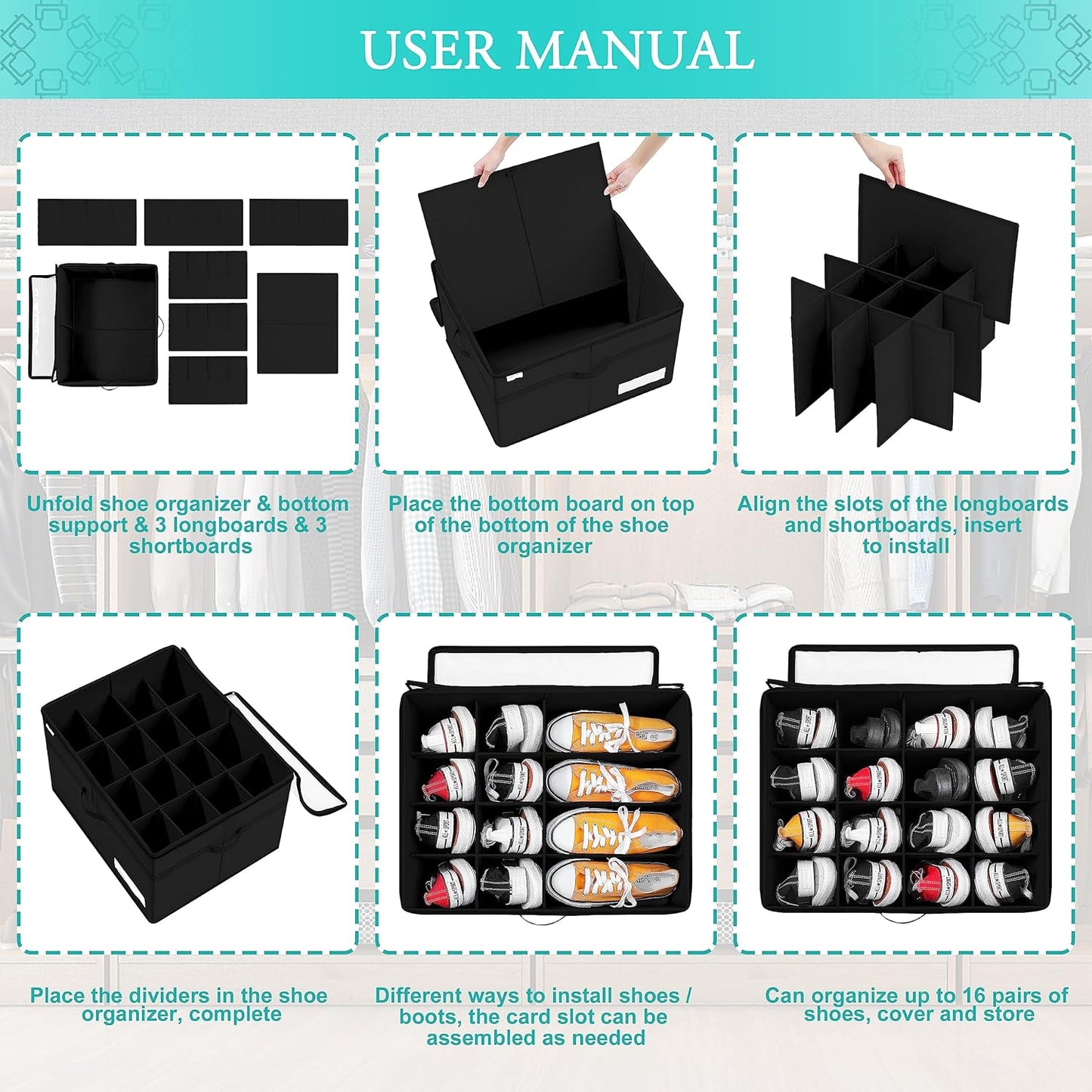 16 Closet, Luvhomee Shoe Storage Organizer, Fits Pairs, Large Shoe Organizer Box for Clear Foldable Shoes Containers