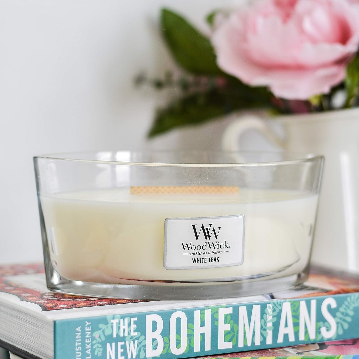 WoodWick Candle, Wax, White Teak, Ellipse Shape