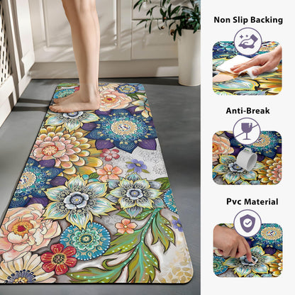 Tubeamin Boho Floral Kitchen Rugs Mats for Floor 2 Piece Memory Foam Padded Kitchen Mats Anti Fatigue Non Slip Cushioned Comfort Standing Mat, 17.3x28+17.3x47 Inch