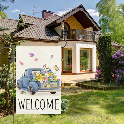Welcome Spring Garden Flag 12x18 Double Sided Vertical Burlap Retro Truck Floral for Outdoor Decoration