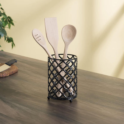 Home Basics Heavy Duty Steel Lattice Cutlery Holder, Utensil Organizer, Rust-resistant, Black, 5" x 5" x 7"