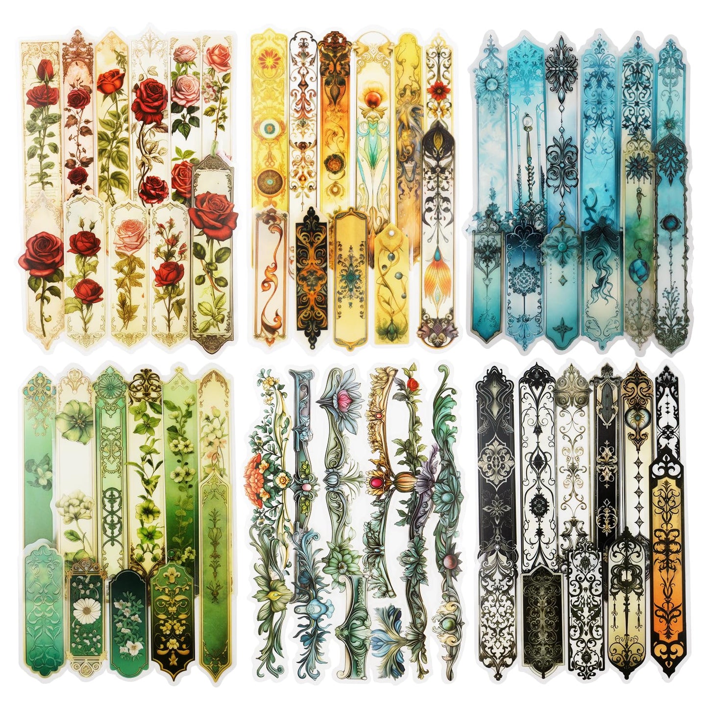 Miyouluna 120PCS PET Strip Stickers, Gothic, Rose, Baroque, Emerald, Amber and Snow Style Designs in Vintage Aesthetic, Scrapbook and Journal Labels, Transparent Waterproof DIY Supplies