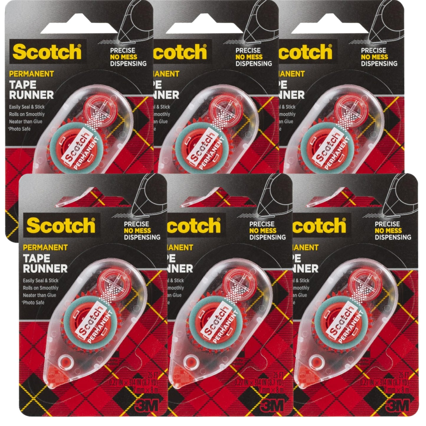 3M 6061 Scotch Double Sided Adhesive Roller Tape Runner, Permanent, Acid-Free, Photo-Safe Adhesive for Scrapbooking, Photo Mounting, and Crafts, 0.27 in x 26 ft per Roller, Pack of 6