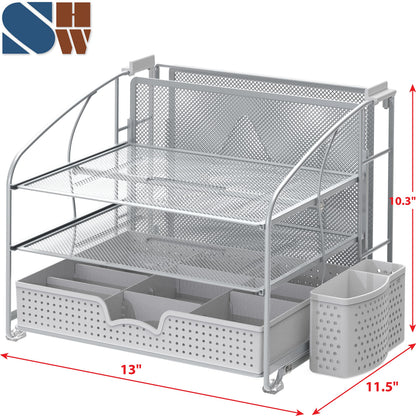 Simple Houseware 3-Tier Desk Organizer with Sliding Drawer, Hanging File Holder and Pen Holder Accessory, Silver
