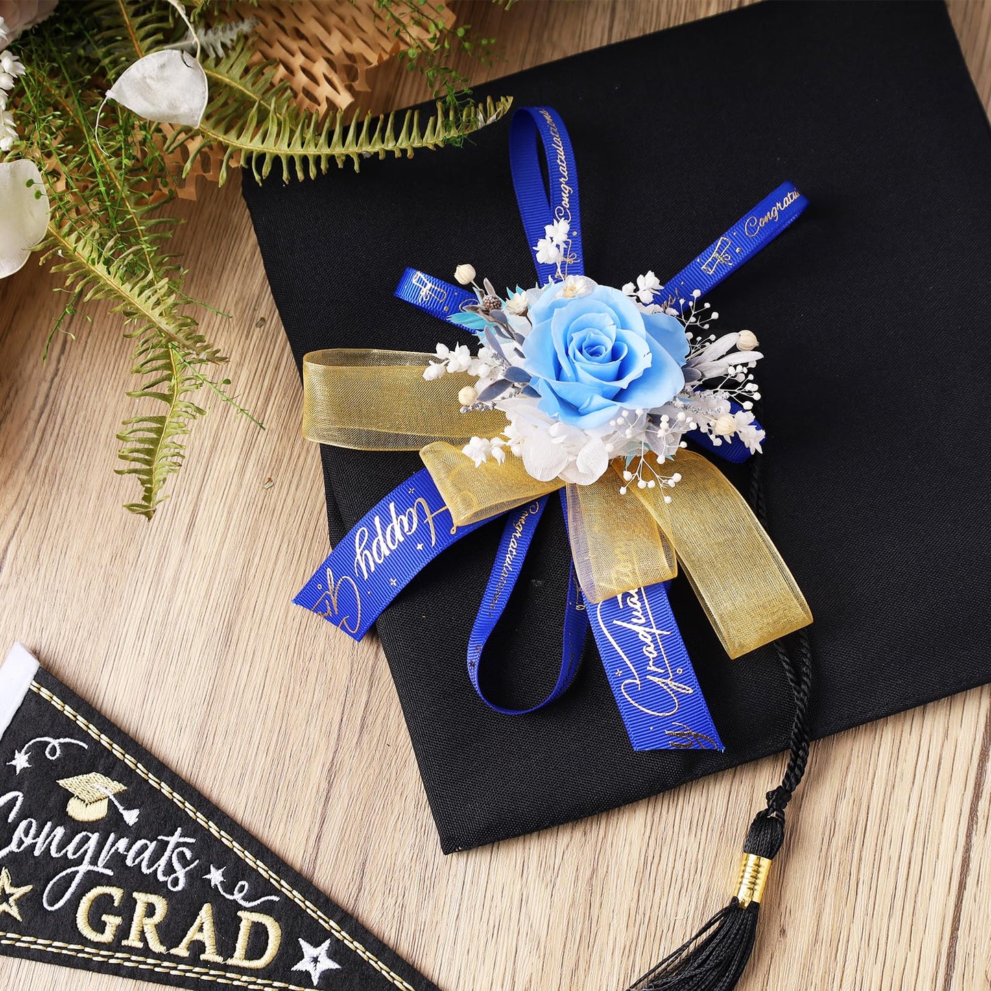 LaRibbons Graduation Ribbon 4 Rolls 1" and 3/8" 20 Yards TTL, Blue and White Gold Congrats Grad Satin Grosgrain Ribbon for Gift Wrapping Class of 2026 Grad Party Lei Making