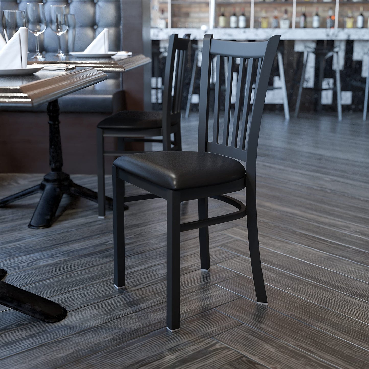 Flash Furniture 4 Pack HERCULES Series Black Vertical Back Metal Restaurant Chair - Black Vinyl Seat