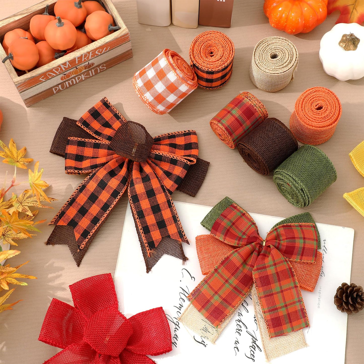 Whaline 10 Rolls 50 Yard Fall Plaid Burlap Ribbon 2 Inch Decorative Wrapping Ribbon for Autumn Harvest Thanksgiving Party DIY Crafts Bow Wreath Making Supplies