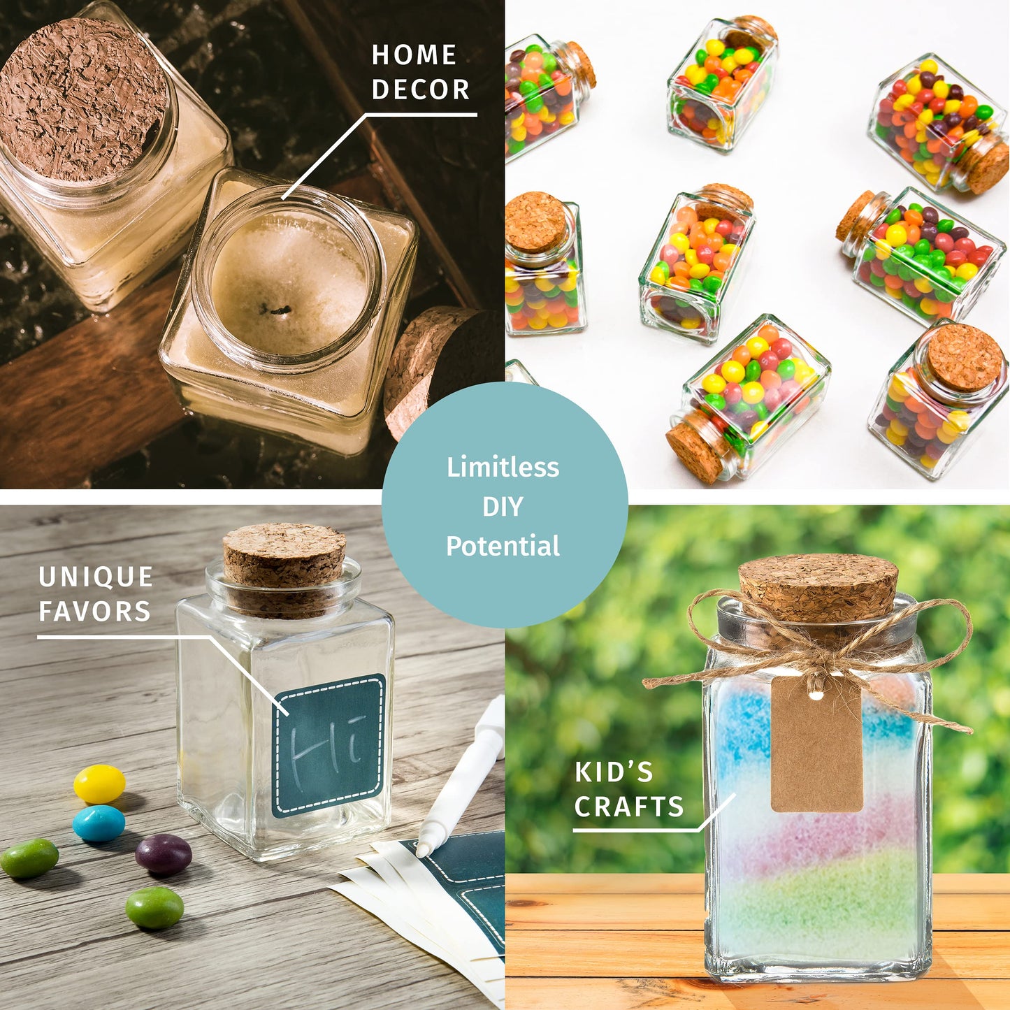 Square Glass Jars with Lids - Set of 12 Mini Glass Jars with Corks for Wedding & Party Favors, DIY Crafts, Potions, Spices & Candy, 3.4 oz