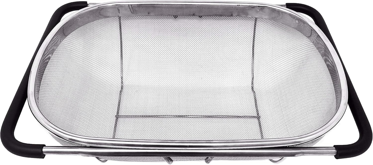 Makerstep Over the Sink Colander Strainer Basket Stainless Steel, For Kitchen Sink with Rubber Grip, Fine Mesh, Large Kitchen Gadgets Tools, Expandable Home Kitchen Essentials