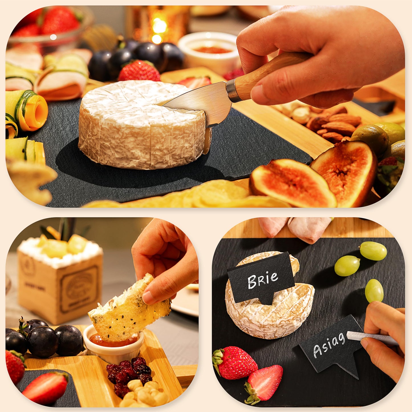 Easoger Large Bamboo Charcuterie Boards, Cheese Platter with 2 Drawers, Serving Knife, 2 Ceramic Bowl - Unique Housewarming, Wedding and Bridal Gift