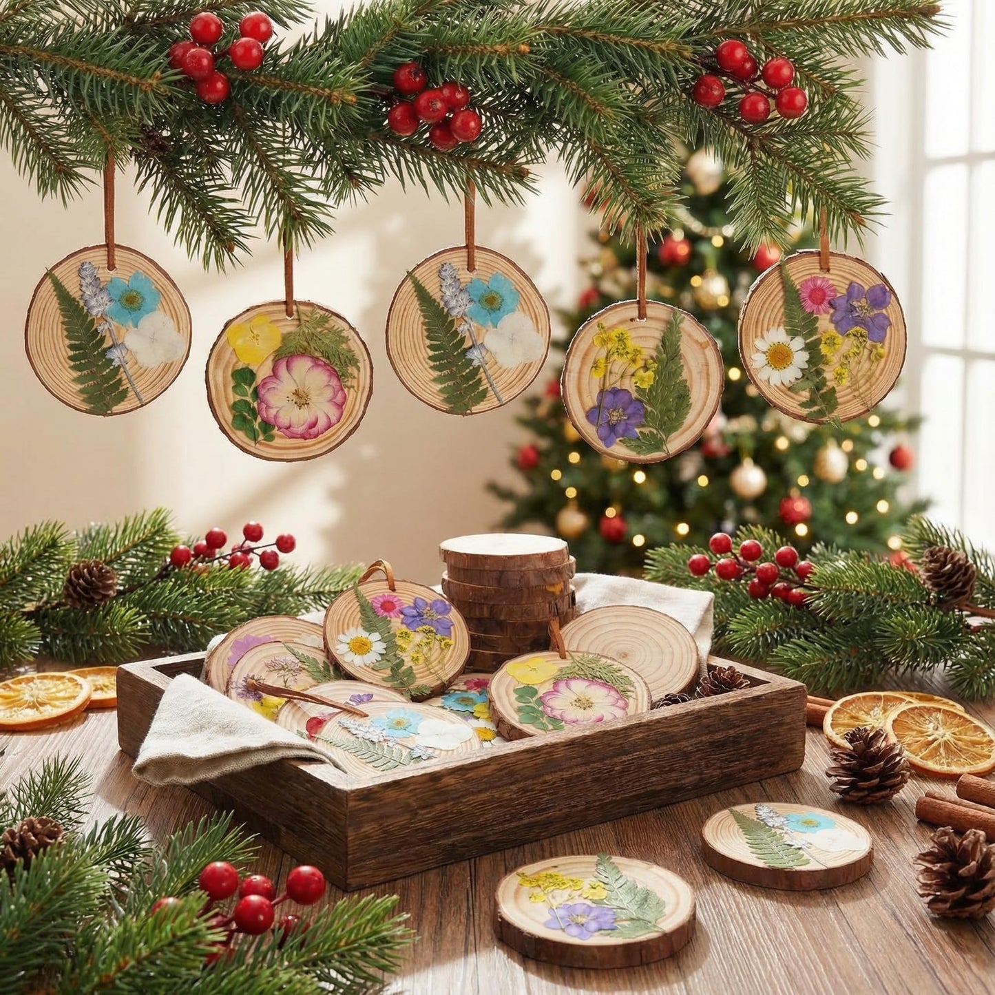 Maasechs 20 Set Spring DIY Wooden Crafts with Dried Pressed Flowers Leaves Unfinished Wood Slices Hanging Ornaments for Art Project Craft Wedding Home Decoration Gifts(Vivid)