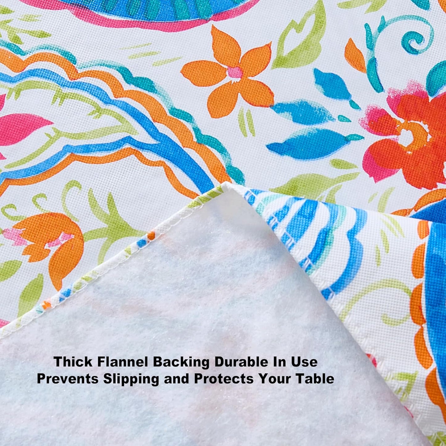 Newbridge Boho Chic Paisley Vinyl Tablecloth with Flannel Backing, 70 Inch Round, Blue Red Pink Floral Print