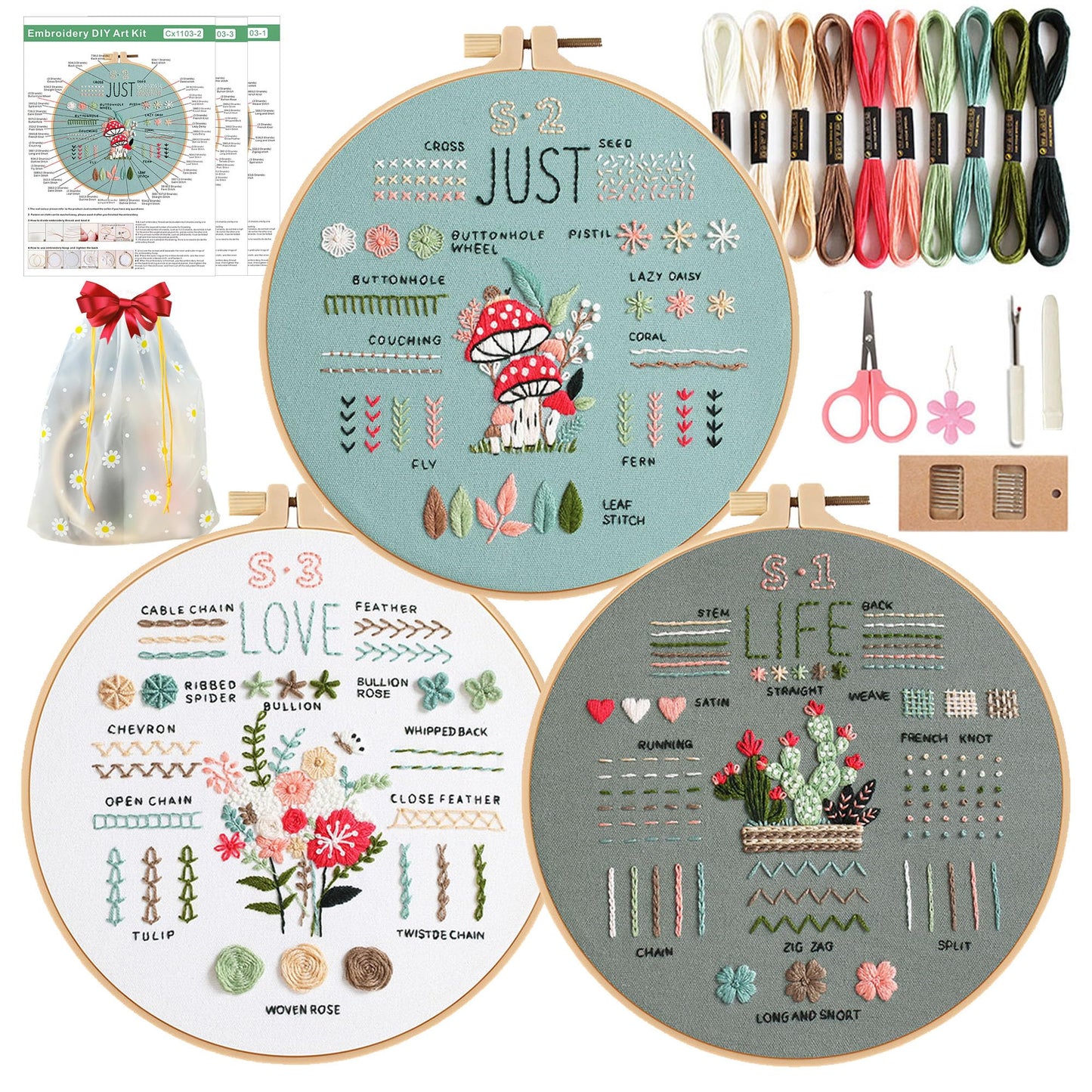 3 Sets Embroidery Starter Kit for Beginners Adults and Kids, Hand Embroidery Kits with Stamped Patterns, Floral Embroidery Stitches Kit DIY Craft Includes Hoop, Threads, Cloth, Storage Bag