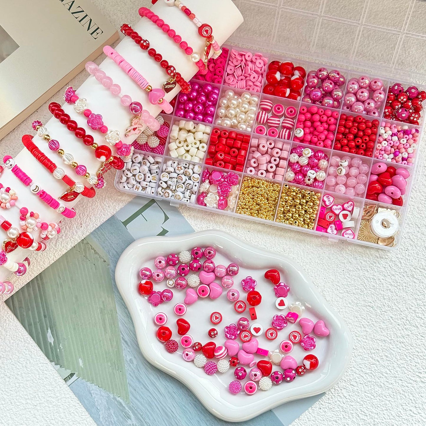 1800PCS+ Valentine’s Day Beads for Bracelets Jewelry Making Set, Pink Red Polymer Clay Beads Assorted Pearl Acrylic Heart Bead Letter Spacer Flower Bead and Heart Charms for Necklace Bracelets Making