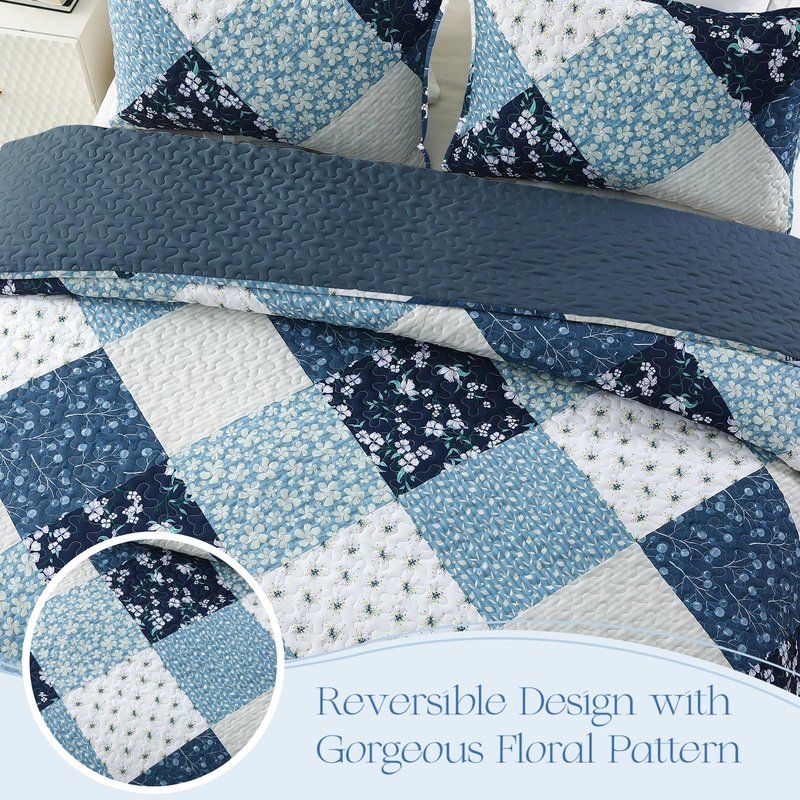 Exclusivo Mezcla Reversible Boho Quilts Twin Size, Blue Bedspreads Lightweight Coverlet All Season Patchwork Quilt Bedding Set with Printed Floral Pattern (1 Quilt, 1 Pillow Sham)