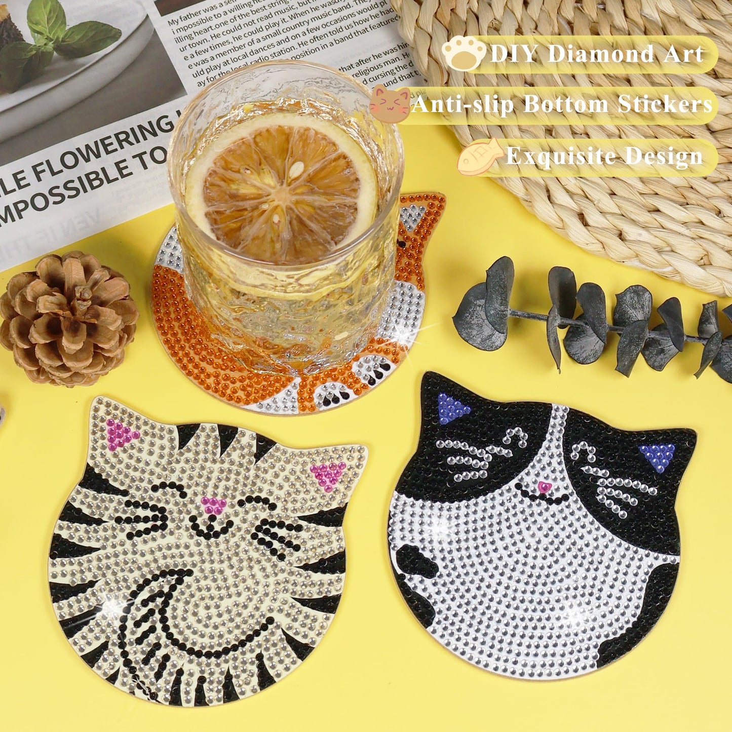 Vcekract Diamond Painting Coasters Kits, 6 Pcs Cat Diamond Art Coasters with Holder, Crafts Kits for DIY Coasters, Diamond Art Kits for Adults