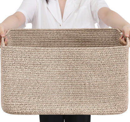 Optish Large Woven Blanket Basket - 75L Storage Solution with Reinforced Handles | Brown, 22” x 17” x 11.5”