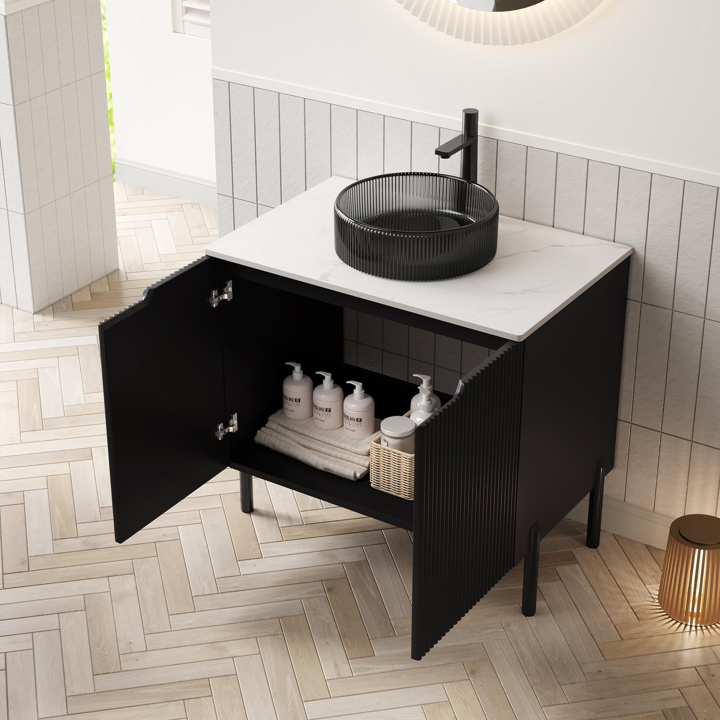 GDFStudio 30" Freestanding Bathroom Vanity with Sink, Turio Black Storage Cabinet with Double Doors, Carrara White Sintered Stone Countertop, Soft Close System, Modern Black Round Glass Basin