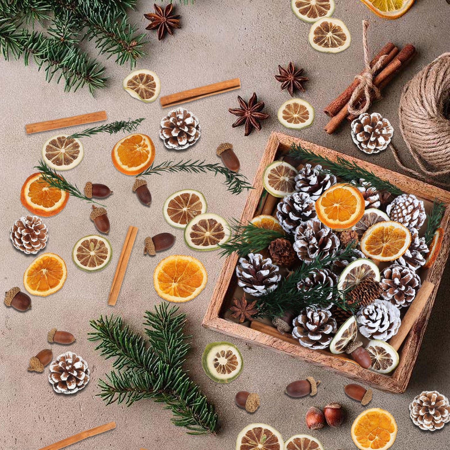 Wlicon Christmas Potpourri Bowl Filler, Natural Pinecone, Cinnamon Sticks, Dried Orange Slices, Star Anise, Acorns for Crafts for Christmas Wreath Vase Filler Christmas DIY Crafts Party Decor