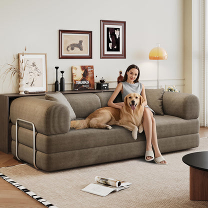 KEIKI 78.8 inch Compression Sofa, Convertible Floor Sofa Bed, Comfy Futon Couch Sleeper Bed, Corduroy Folding Loveseats for Living Room, Camel