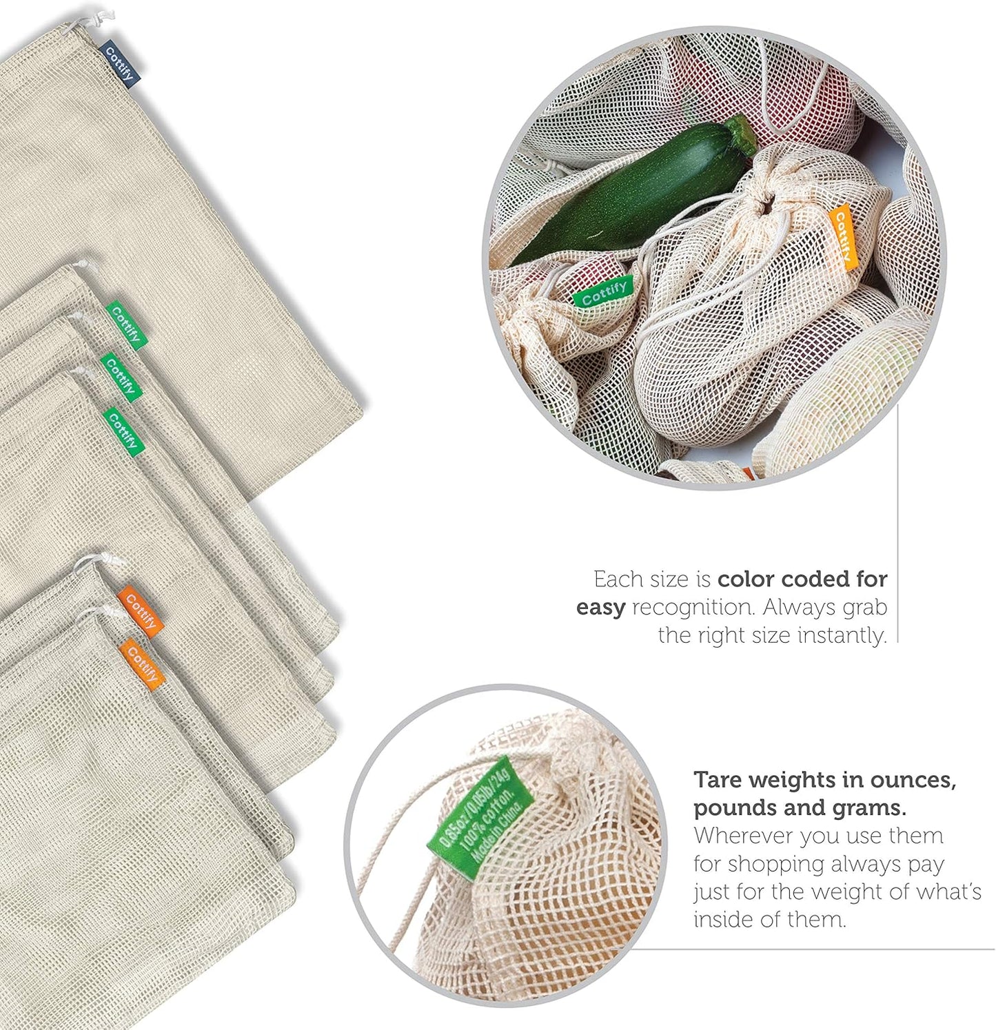 6 Reusable Produce Bags, Organic Cotton Mesh Grocery Bags, Washable, for Vegetables