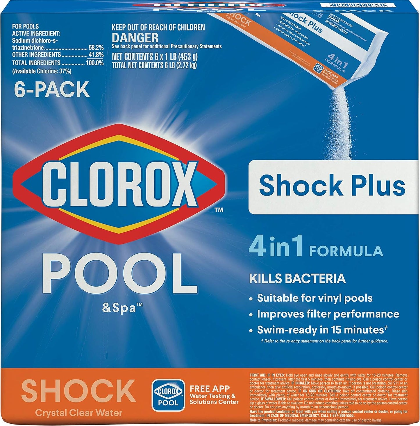 Swimming 15 (6-Pack) Clorox Pool&Spa Shock Plus, for Crystal Clear Pool Water, Swim-ready in minutes, Suitable