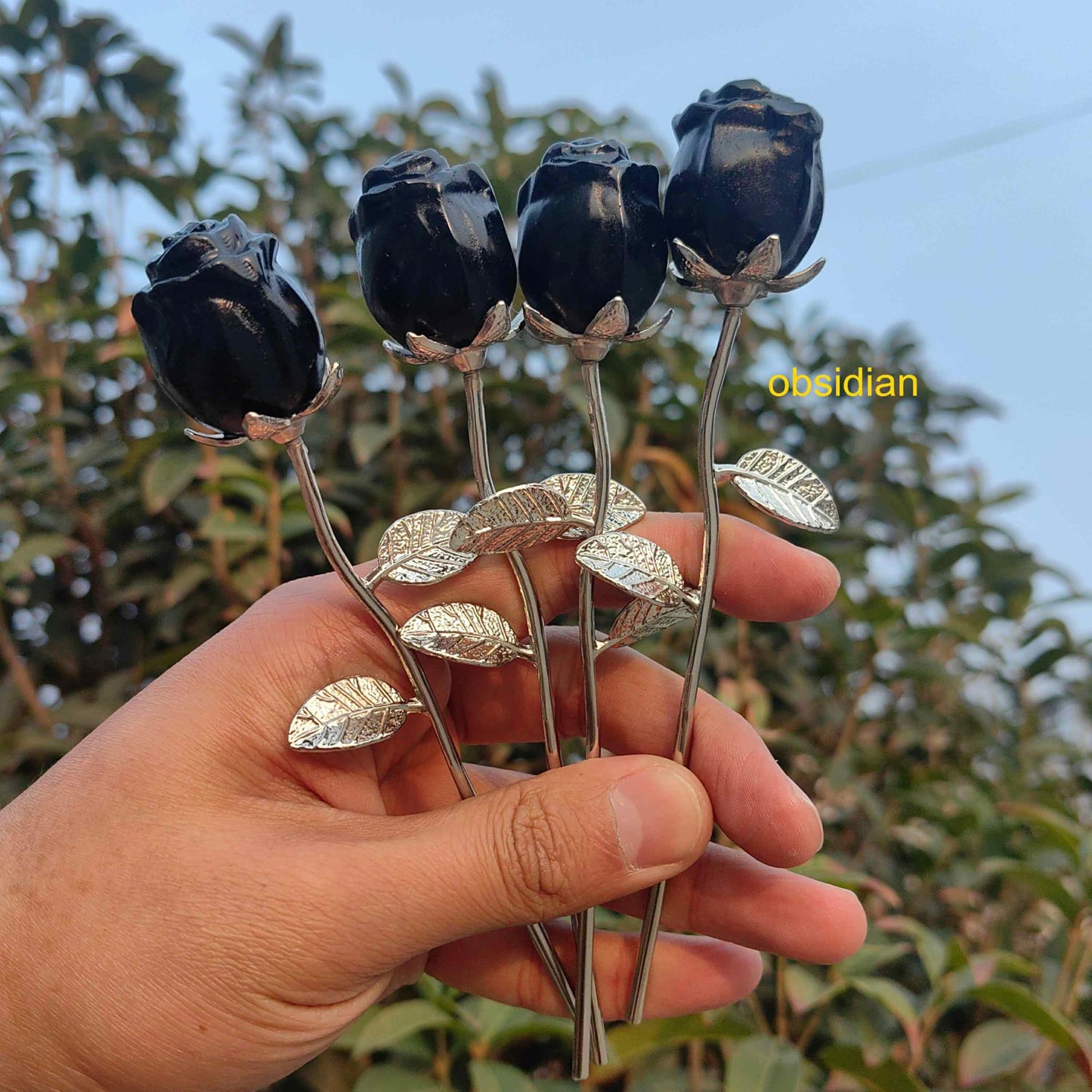 Crystal Rose Gemstone Flower Jewelry Carved Home Decoration,Reiki Heal,Girlfriend Gift,Mom's Gift,Valentines Gift (Golden stem,2piece Sodalite)