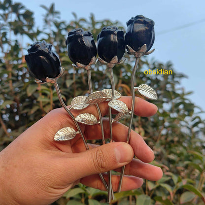 Crystal Rose Gemstone Flower Jewelry Carved Home Decoration,Reiki Heal,Girlfriend Gift,Mom's Gift,Valentines Gift (Golden stem,2piece Sodalite)