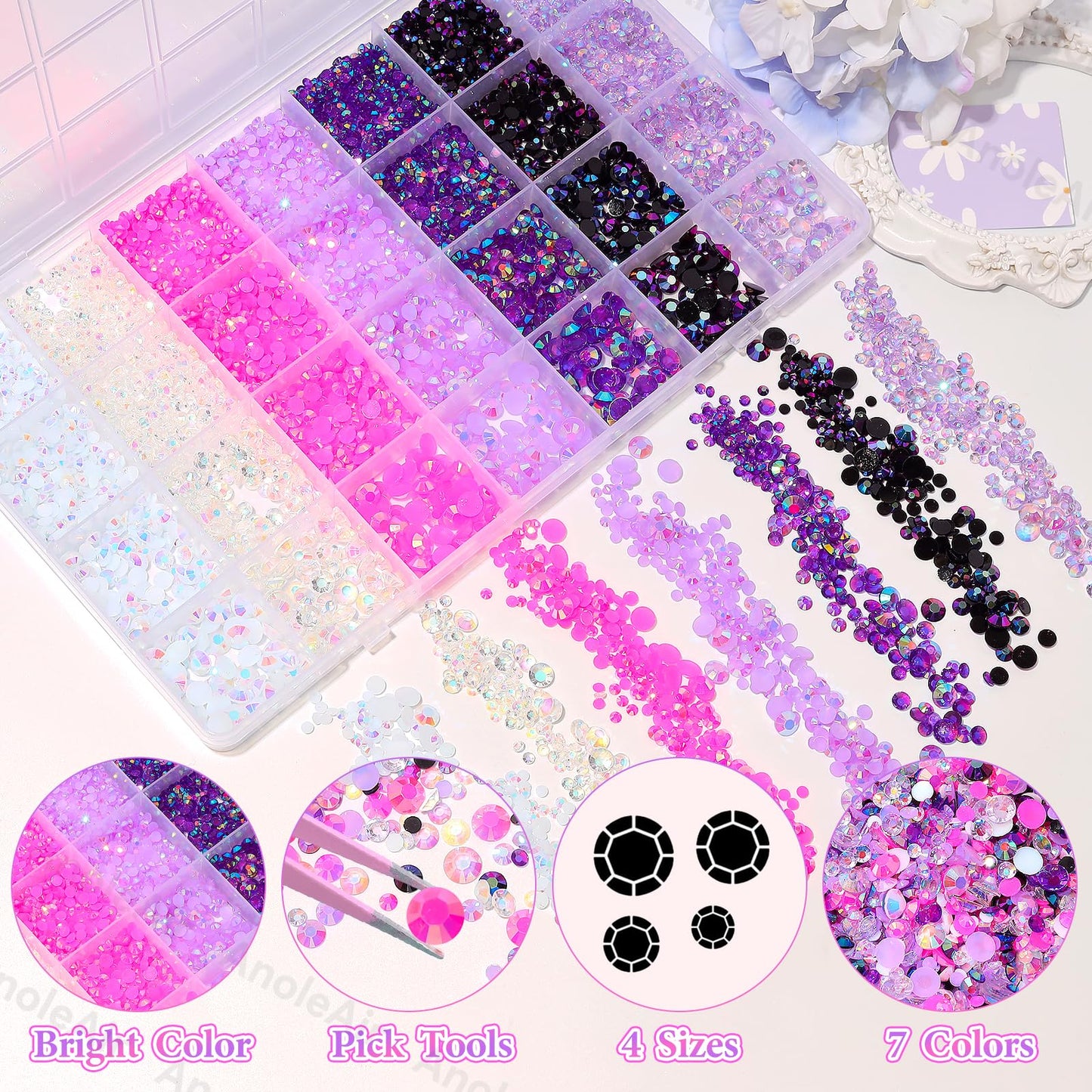 22000Pcs Pink Purple Rhinestones for Bedazzling, Jelly Resin Gem Rhinestones3-5mm, Purple Gems Bedazzling Kit for Crafting, Flatback Color Gems for Nails Face Makeup Tumblers