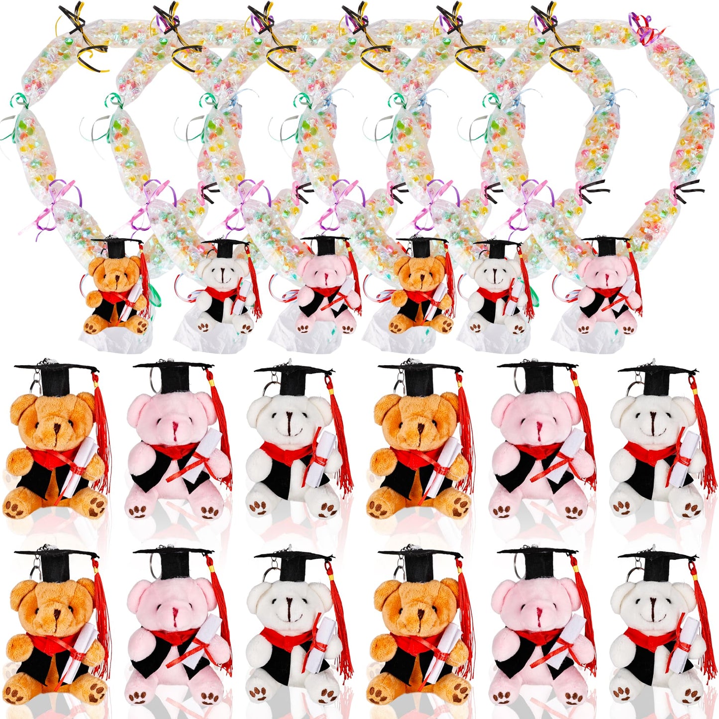 Mikasee 34 Pcs Graduation Candy Lei Making Kit with 12 Mini Graduation Bear 12 Graduation Candy Lei Bags 10 Rolls Gift Ribbon Wrapping DIY for School Graduation Wreaths (Color Style Set 1)