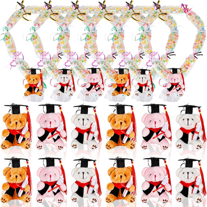 Mikasee 34 Pcs Graduation Candy Lei Making Kit with 12 Mini Graduation Bear 12 Graduation Candy Lei Bags 10 Rolls Gift Ribbon Wrapping DIY for School Graduation Wreaths (Color Style Set 1)
