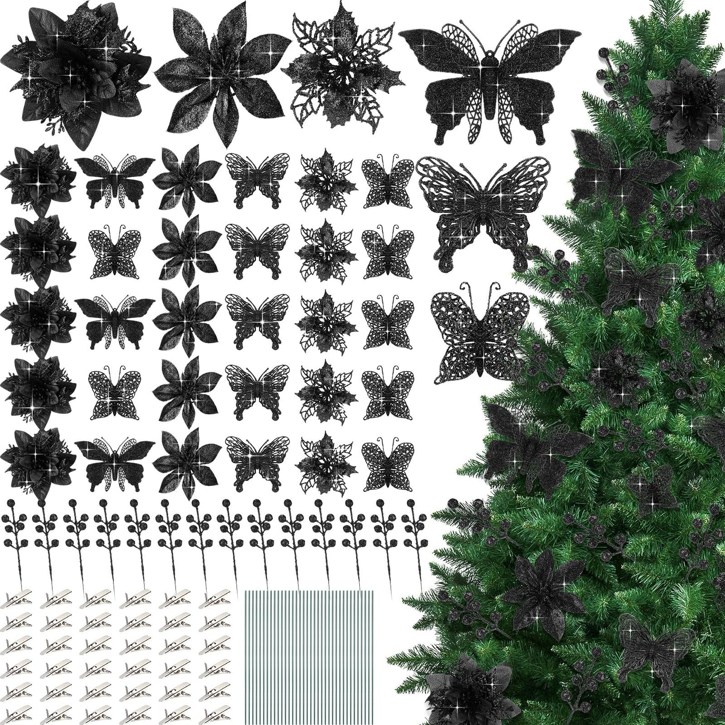 Thiccywoov 122 Pcs Christmas Glitter Poinsettia Artificial Flowers Berry Picks Butterfly Christmas Tree Ornaments 3 Styles Poinsettia kit with Clip for Xmas Wreath Home Tree Decor(Black)