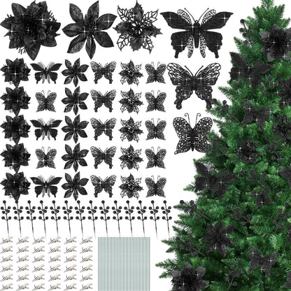 Thiccywoov 122 Pcs Christmas Glitter Poinsettia Artificial Flowers Berry Picks Butterfly Christmas Tree Ornaments 3 Styles Poinsettia kit with Clip for Xmas Wreath Home Tree Decor(Black)