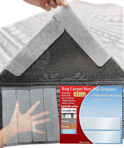 Rug Carpet Non Slip Grippers, 24Pcs Large Carpet Tape Pads, Reusable Strong Adhesive for Floor