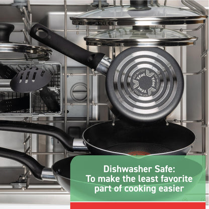 T-fal Initiatives Nonstick Cookware Set 18 Piece, Oven Broiler Safe 350F, Kitchen Cooking Set w/Fry Pans, Saucepans, Saute Pan, Dutch Oven, Griddle, Pots and Pans, Home, Dishwasher Safe, Red