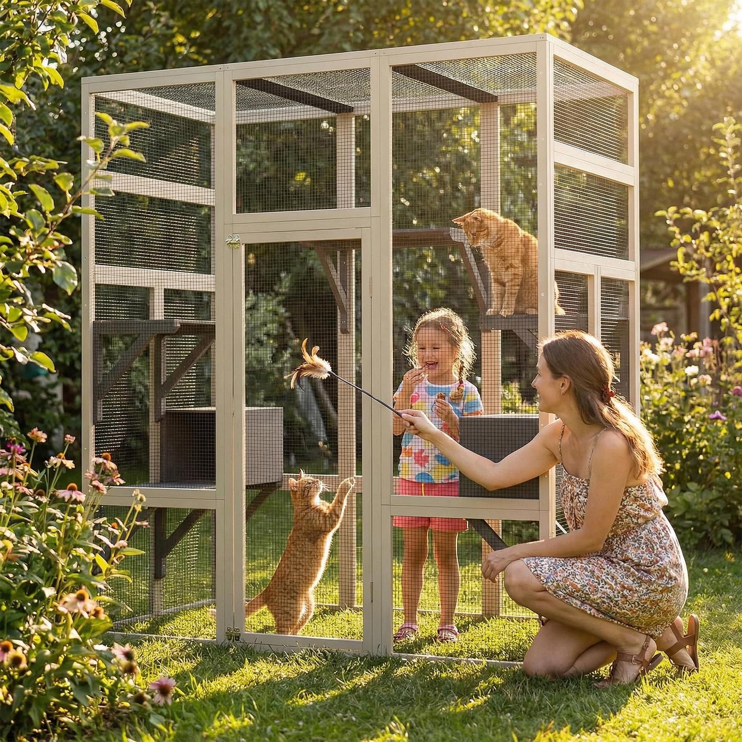 70" Large Outdoor Catio Cat Enclosure, Wood Cat Patio with Waterproof UV-Resistant Roof, Cats Shelter with 5 Platforms and 2 Resting Box, and Secure Rust-Proof Wire for Backyard or Patio