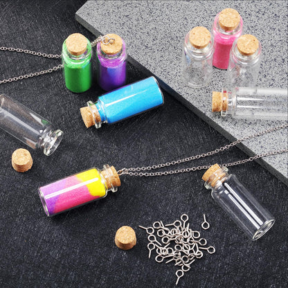 Sawysine 50 Pcs 10 ml Mini Glass Bottles Jars with Cork Mini Potion Bottles 50 Pcs Link Necklace Chain with Lobster Clasps Jewelry Chain 100 Pcs Eye Screws 100 Rings for Bead DIY Crafts Pendant Making